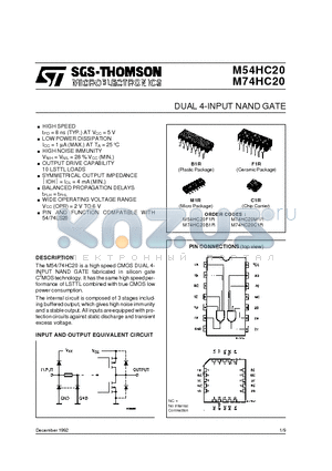 M74HC20 datasheet - DUAL 4-INPUT NAND GATE