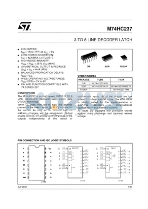 M74HC237RM13TR datasheet - 3 TO 8 LINE DECODER LATCH