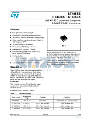 ST485EXDR datasheet - /-15 kV ESD protected, low power RS-485/RS-422 transceiver