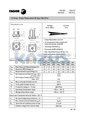 FB1008L datasheet - 10 Amp. Glass Passivated Bridge Rectifier