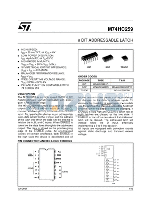 M74HC259RM13TR datasheet - 8 BIT ADDRESSABLE LATCH