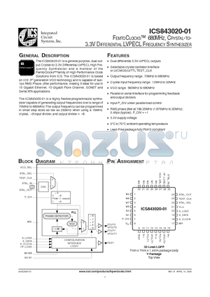 ICS843020A01 datasheet - FEMTOCLOCKS-TM 680MHZ, CRYSTAL-TO- 3.3V DIFFERENTIAL LVPECL FREQUENCY SYNTHESIZER