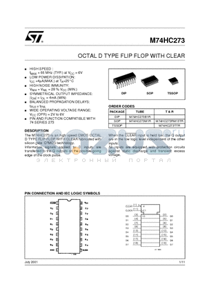 M74HC273M1R datasheet - OCTAL D TYPE FLIP FLOP WITH CLEAR