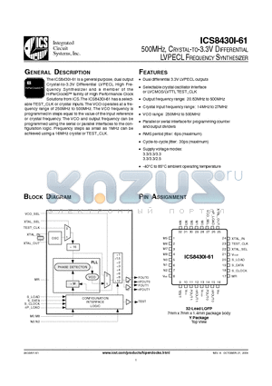 ICS8430AYI-61 datasheet - 500MHZ, CRYSTAL-TO-3.3V DIFFERENTIAL LVPECL FREQUENCY SYNTHESIZER