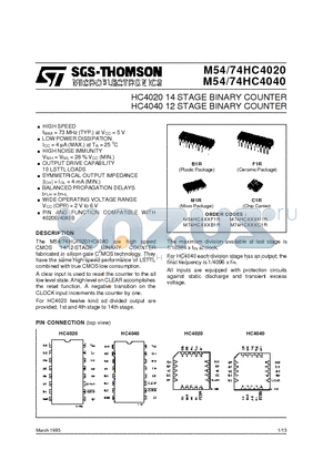 M74HC4020M1R datasheet - HC4020 14 STAGE BINARY COUNTER HC4040 12 STAGE BINARY COUNTER