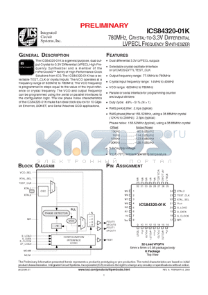 ICS84320-01K datasheet - 780MHZ, CRYSTAL-TO-3.3V DIFFERENTIAL LVPECL FREQUENCY SYNTHESIZER