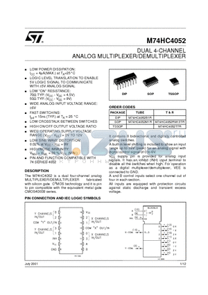 M74HC4052 datasheet - DUAL 4-CHANNEL ANALOG MULTIPLEXER/DEMULTIPLEXER