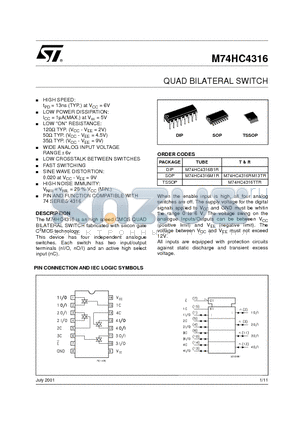 M74HC4316RM13TR datasheet - QUAD BILATERAL SWITCH