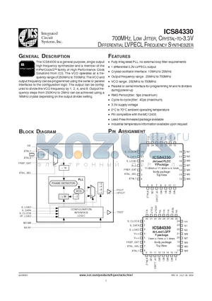 ICS84330BYLN datasheet - 700MHZ, LOW JITTER, CRYSTAL-TO-3.3V DIFFERENTIAL LVPECL FREQUENCY SYNTHESIZER