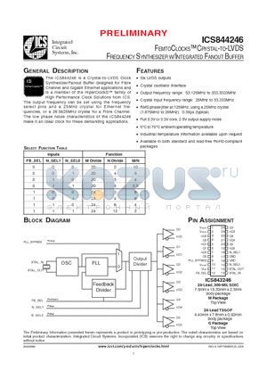 ICS844246AG datasheet - FEMTOCLOCKS CRYSTAL-TO-LVDS FREQUENCY SYNTHESIZER W/INTEGRATED FANOUT BUFFER
