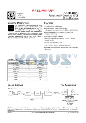 ICS844051CGI datasheet - FEMTOCLOCKS CRYSTAL-TO- LVDS CLOCK GENERATOR