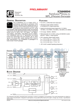 ICS848004AGIT datasheet - FEMTOCLOCKS CRYSTAL-TO-SSTL_2 FREQUENCY SYNTHESIZER