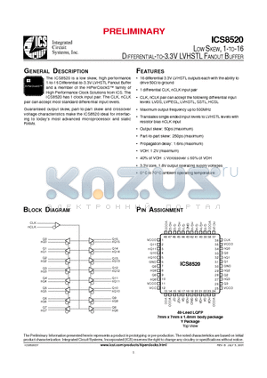 ICS8520DYT datasheet - LOW SKEW, 1-TO-16 DIFFERENTIAL-TO-3.3V LVHSTL FANOUT BUFFER