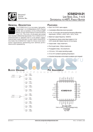 ICS85210AY-21T datasheet - LOW SKEW, DUAL, 1-TO-5 DIFFERENTIAL-TO-HSTL FANOUT BUFFER