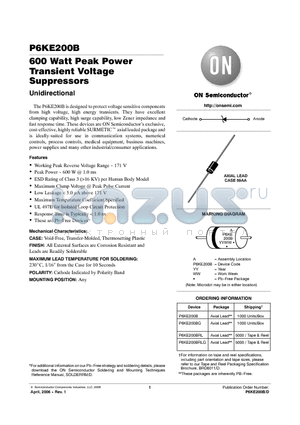 P6KE200BRL datasheet - 600 Watt Peak Power Transient Voltage Suppressors