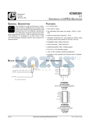 ICS85301AG datasheet - 2:1 DIFFERENTIAL-TO-LVPECL MULTIPLEXER