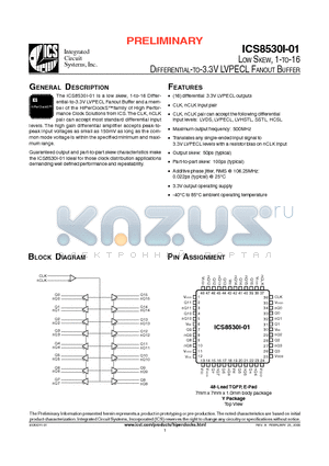 ICS8530DYI01 datasheet - LOW SKEW, 1-TO-16 DIFFERENTIAL-TO-3.3V LVPECL FANOUT BUFFER