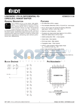 ICS853111A datasheet - LOW SKEW, 1-TO-10, DIFFERENTIAL-TOLVPECL/ ECL FANOUT BUFFER