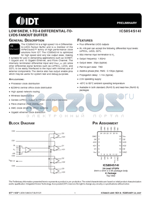 ICS854S14I datasheet - LOW SKEW, 1-TO-4 DIFFERENTIAL-TOLVDS FANOUT BUFFER