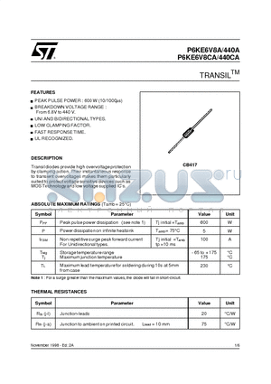 P6KE22A datasheet - UNI AND BIDIRECTIONAL TYPES, PEAK PULSEPOWER : 600W