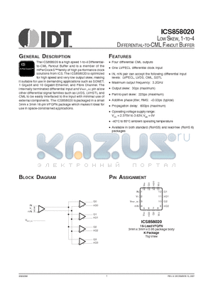 ICS858020AKLFT datasheet - LOW SKEW, 1-TO-4 DIFFERENTIAL-TO-CML FANOUT BUFFER
