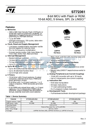 ST72361_07 datasheet - 8-bit MCU with Flash or ROM, 10-bit ADC, 5 timers, SPI, 2x LINSCI