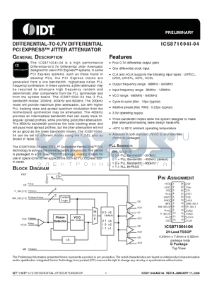 ICS871004AGI-04LF datasheet - DIFFERENTIAL-TO-0.7V DIFFERENTIAL PCI EXPRESS JITTER ATTENUATOR