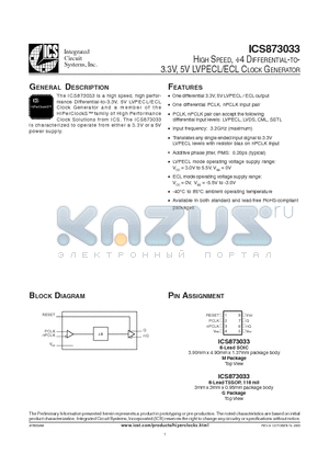 ICS873033AMLF datasheet - HIGH SPEED, 4 DIFFERENTIAL-TO- 3.3V, 5V LVPECL/ECL CLOCK GENERATOR