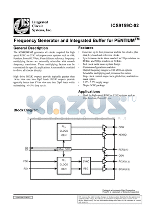 ICS9159C-02CW28 datasheet - Frequency Generator and Integrated Buffer for PENTIUMTM