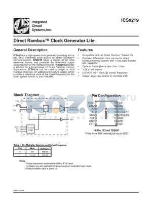 ICS9219YGLF-T datasheet - Direct Rambus Clock Generator Lite