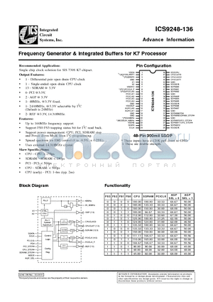 ICS9248-136 datasheet - Frequency Generator & Integrated Buffers for K7 Processor