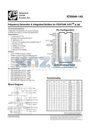 ICS9248-143 datasheet - Frequency Generator & Integrated Buffers for PENTIUM II/IIITM & K6
