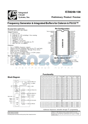 ICS9248-138 datasheet - Frequency Generator & Integrated Buffers for Celeron & PII/III