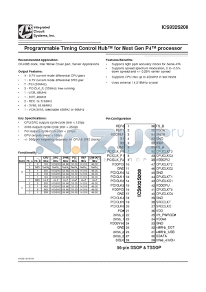 ICS932S208YFLF-T datasheet - Programmable Timing Control Hub for Next Gen P4 processor