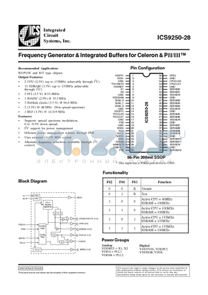 ICS9250YF-28-T datasheet - Frequency Generator & Integrated Buffers for Celeron & PII/III