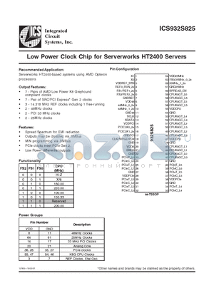 ICS932S825 datasheet - Low Power Clock Chip for Serverworks HT2400 Servers