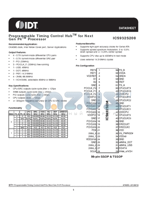 ICS932S208 datasheet - Programmable Timing Control HubTM for Next Gen P4TM Processor