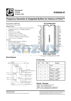 ICS9250-27 datasheet - Frequency Generator & Integrated Buffers for Celeron & PII/III