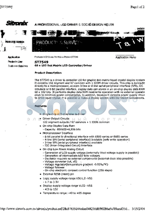 ST7549 datasheet - 68 x 102 Dot Matrix LCD Controller / Driver