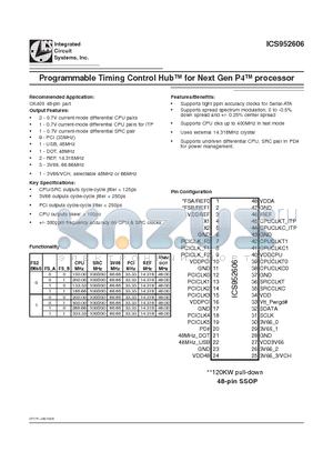 ICS952606FLFT datasheet - Programmable Timing Control Hub for Next Gen P4  processor