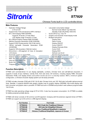 ST7920 datasheet - Chinese Fonts built in LCD controller/driver