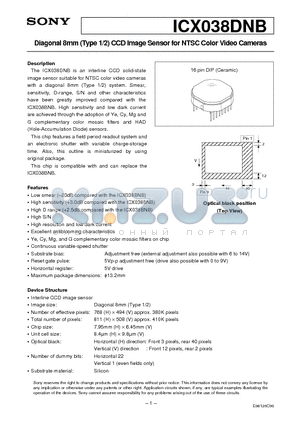 ICX038DNB datasheet - Diagonal 8mm (Type 1/2) CCD Image Sensor for NTSC Color Video Cameras