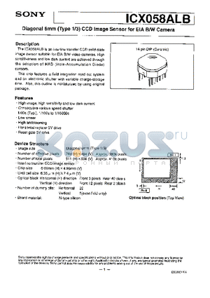 ICX058ALB datasheet - Diagonal 6mm (Type 1/3) CCD Image Sensor for EIA B/W Cameras