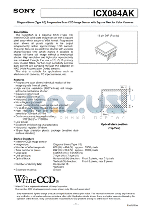 ICX084AK datasheet - Diagonal 6mm (Type 1/3) Progressive Scan CCD Image Sensor with Square Pixel for Color Cameras