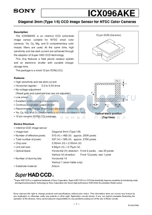 ICX096AKE datasheet - Diagonal 3mm (Type 1/6) CCD Image Sensor for NTSC Color Cameras