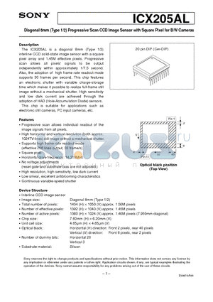 ICX205AL datasheet - Diagonal 8mm (Type 1/2) Progressive Scan CCD Image Sensor with Square Pixel for B/W Cameras