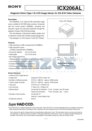 ICX206AL datasheet - Diagonal 4.5mm (Type 1/4) CCD Image Sensor for EIA B/W Video Cameras
