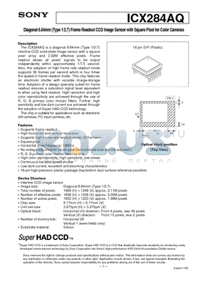 ICX284AQ datasheet - Diagonal 6.64mm (Type 1/2.7) Frame Readout CCD Image Sensor with Square Pixel for Color Cameras