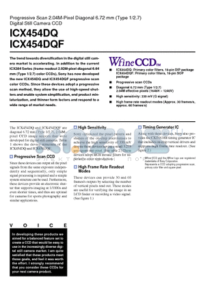 ICX454DQ datasheet - Progressive Scan 2.04M-Pixel Diagonal 6.72 mm (Type 1/2.7) Digital Still Camera CCD