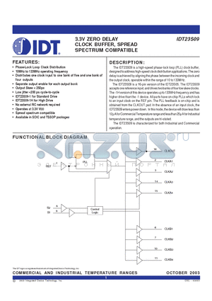 IDT23S09-1PGI datasheet - IDT23S09 3.3V ZERO DELAY CLOCK BUFFER, SPREAD SPECTRUM COMPATIBLE